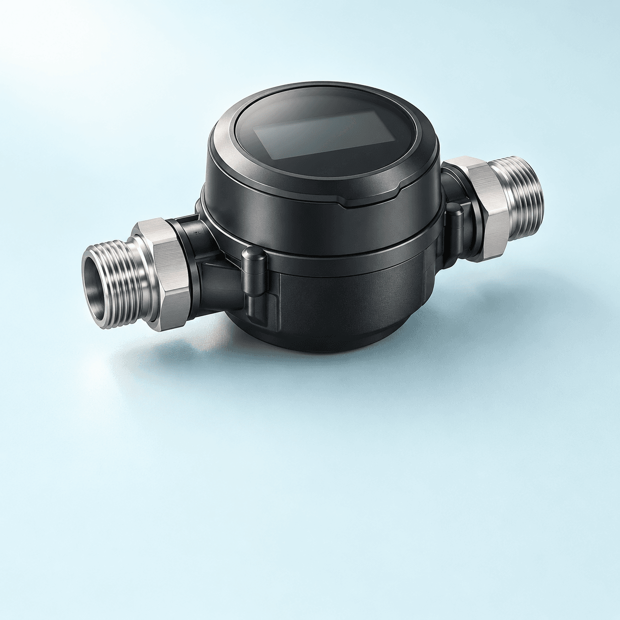 Product concept of a compact black electronic water meter with metal pipe connections